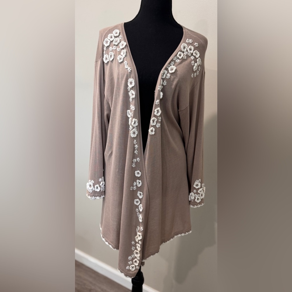 Coldwater Creek Boho Floral‎ Embroidered Cardigan Taupe Cottagecore Open Front S